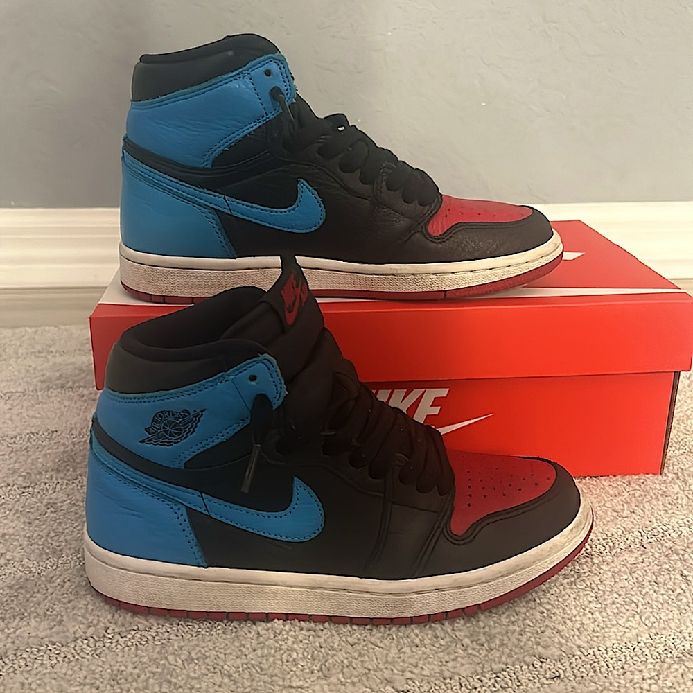 Nike Unc Chicago Jordan 1s hightops red, blue, and black